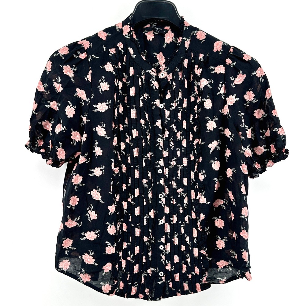 Lucky Brand Blouse Women L Black Pink Floral Pintuck Puff Sleeve Regular Modern